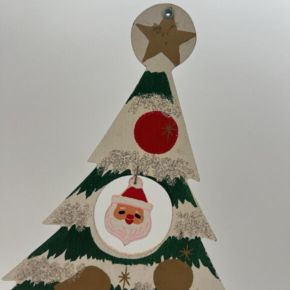 Vtg Wood Christmas Tree Card Holder Holiday Mail Box Kitsch Japan 14" Elf Santa - Picture 2 of 9